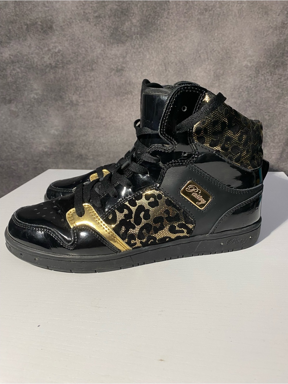 Pastry Glam Pie Black Gold Patent Leather Leopard High Top Dance Sneakers 8.5
